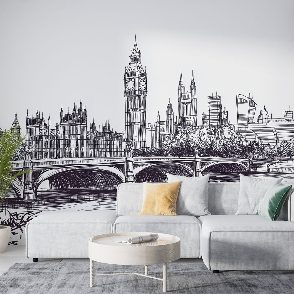 Black and White London Skyline Wallpaper | Big Ben Mural