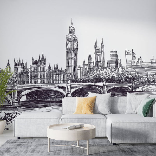 Black and White London Skyline Wallpaper | Big Ben Mural