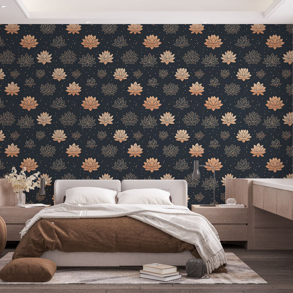 Lotus Wallpaper | Pink Lotus Blooms on Navy Blue Ground