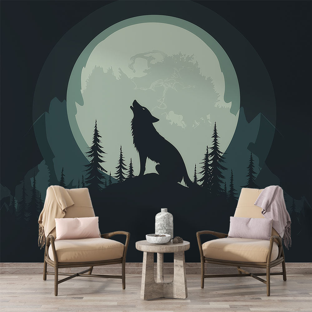Wolf & Moon Wallpaper | Howling Mystic Silhouette Wall Mural