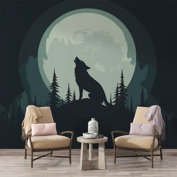 Wolf & Moon Wallpaper | Howling Mystic Silhouette Wall Mural