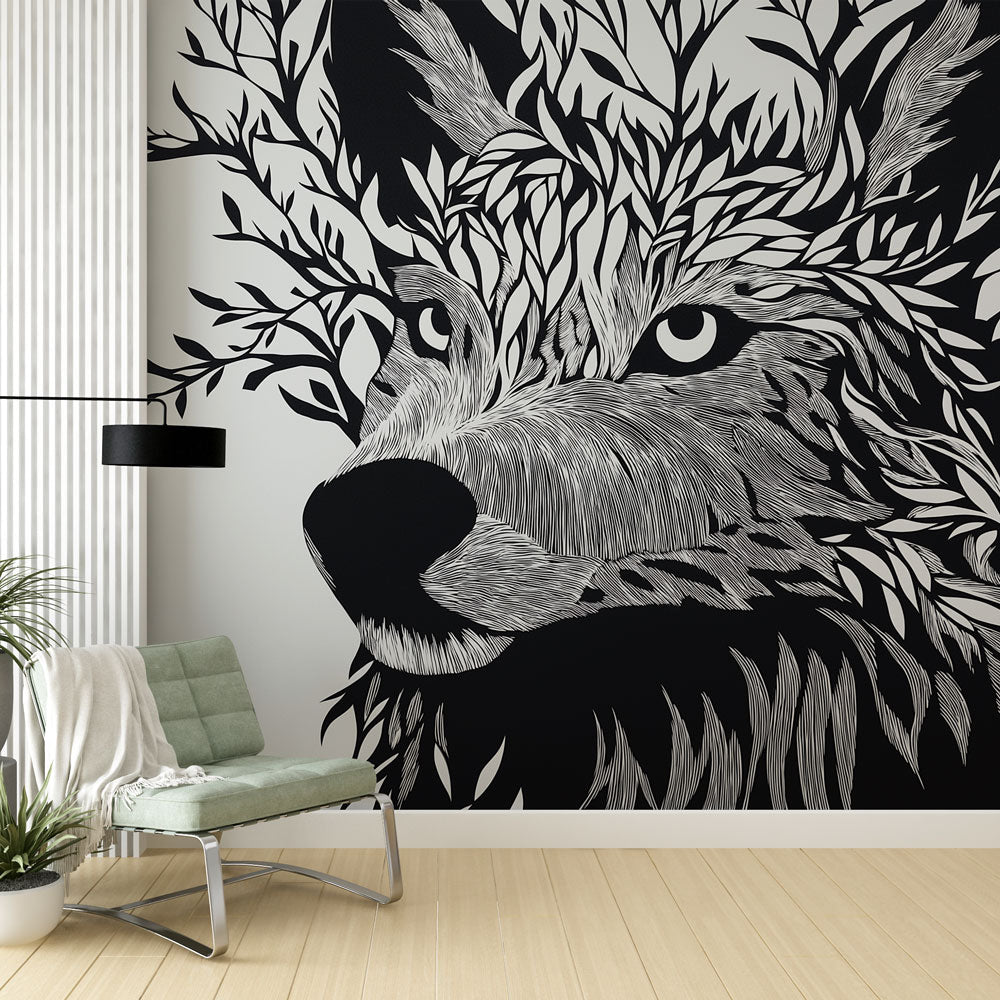 Floral Wolf Wallpaper | Monochrome Leaf Wall Mural