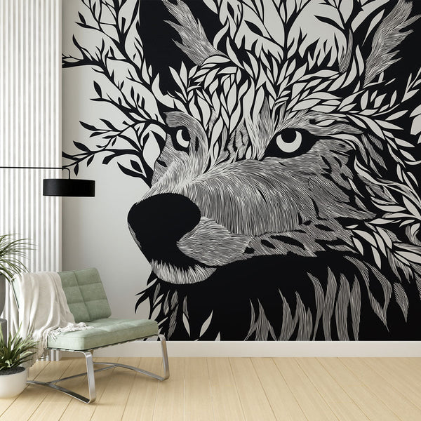 Floral Wolf Wallpaper | Monochrome Leaf Wall Mural