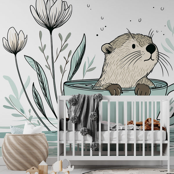Otter Wallpaper | Curious Otter in a Teacup with Flowers