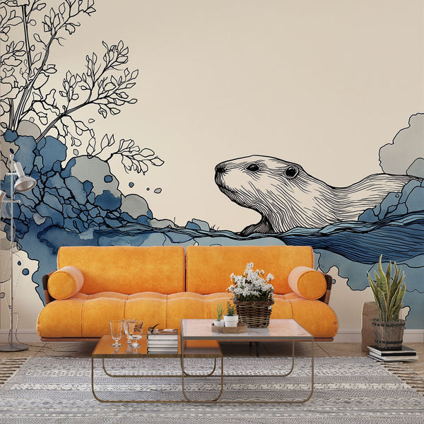 Otter Wallpaper | Swimming Otter Among Splashes and Foliage