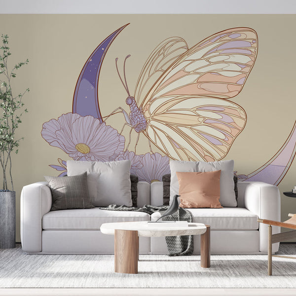 Moon and Butterfly Wallpaper | Crescent Moon and Pastel Flowers