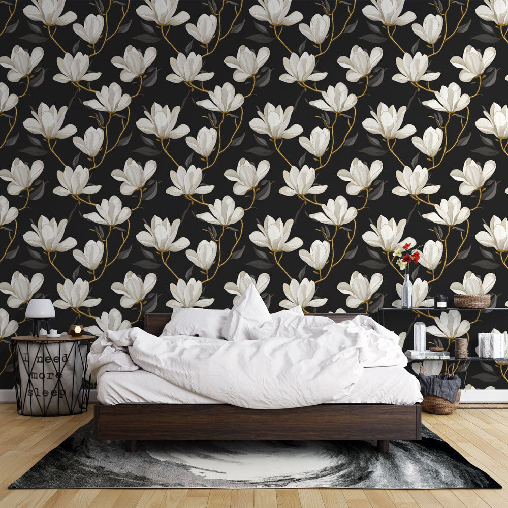 Magnolia Flower Wallpaper | Elegant White Blooms on Black