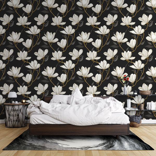 Magnolia Flower Wallpaper | Elegant White Blooms on Black
