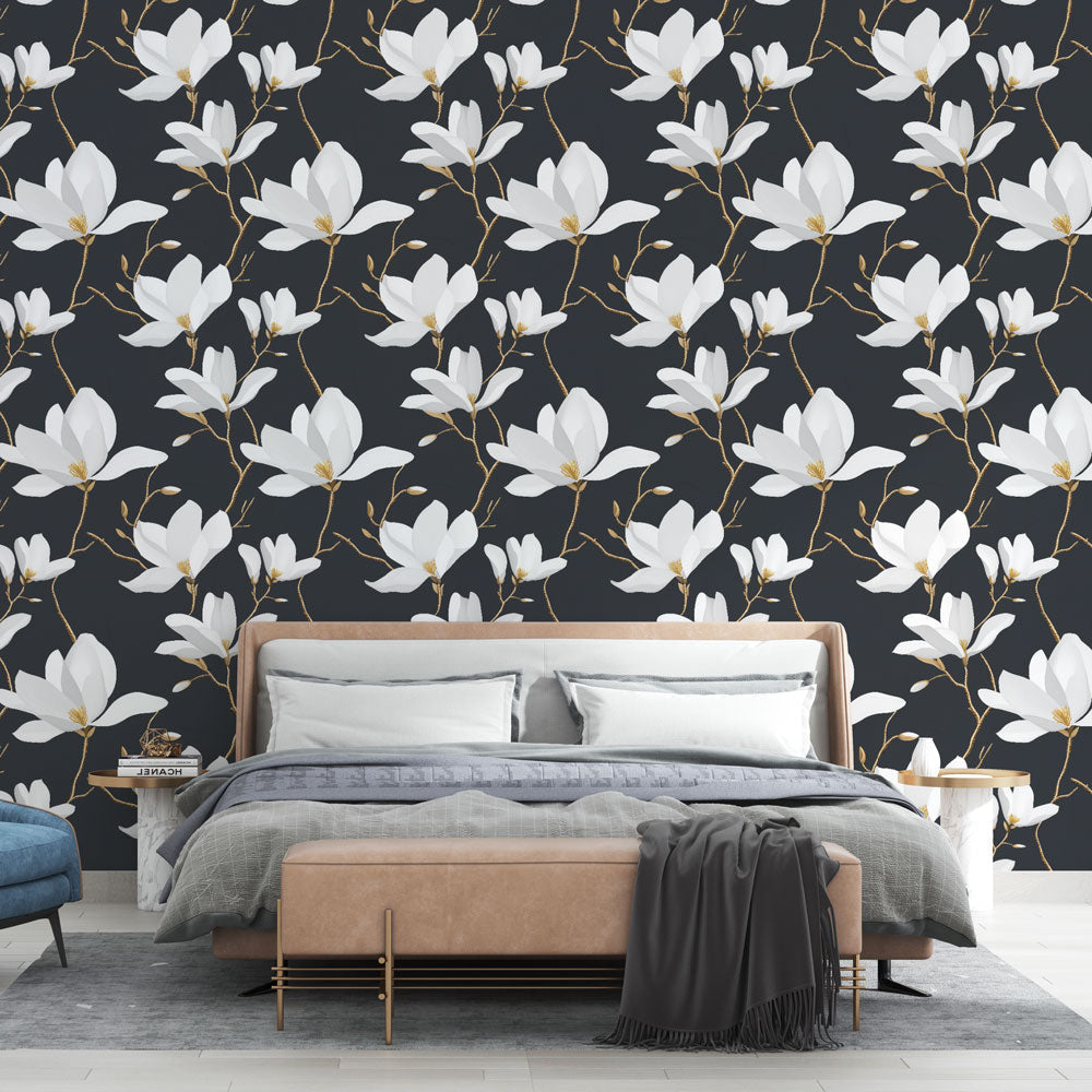 Magnolia Wallpaper | White Blooms on an Elegant Black Ground