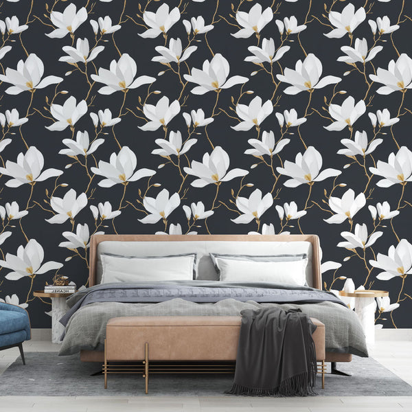 Magnolia Wallpaper | White Blooms on an Elegant Black Ground