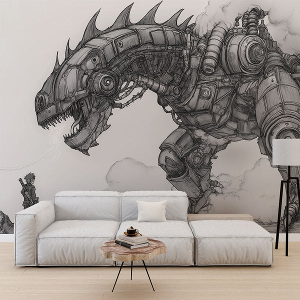 Manga Wallpaper | Hero vs Mechanical Dragon Epic Mural