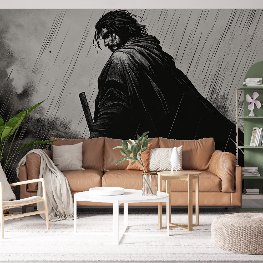 Manga Warrior in Rain Wallpaper | B&W Wall Mural