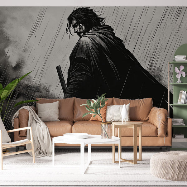 Manga Warrior in Rain Wallpaper | B&W Wall Mural
