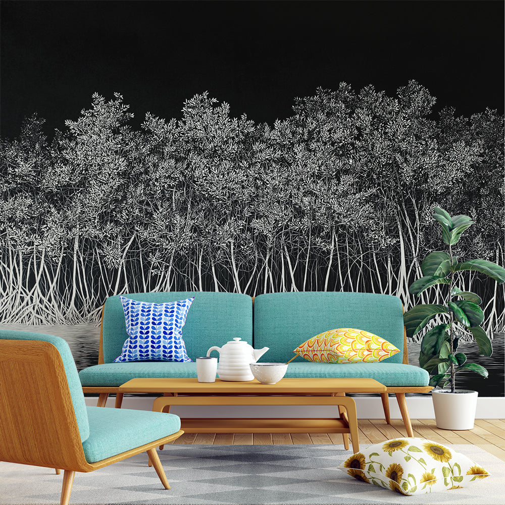 Mangrove Wallpaper | White Trees Black Background Mural