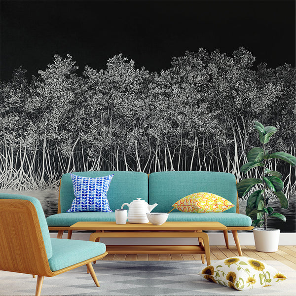 Mangrove Wallpaper | White Trees Black Background Mural