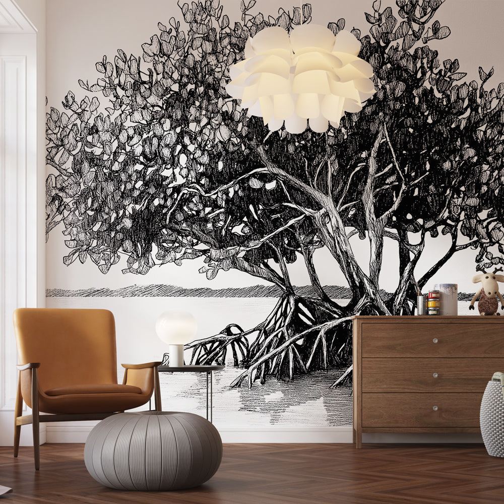 Mangrove Wallpaper | Artistic Monochrome Tree Wall Mural