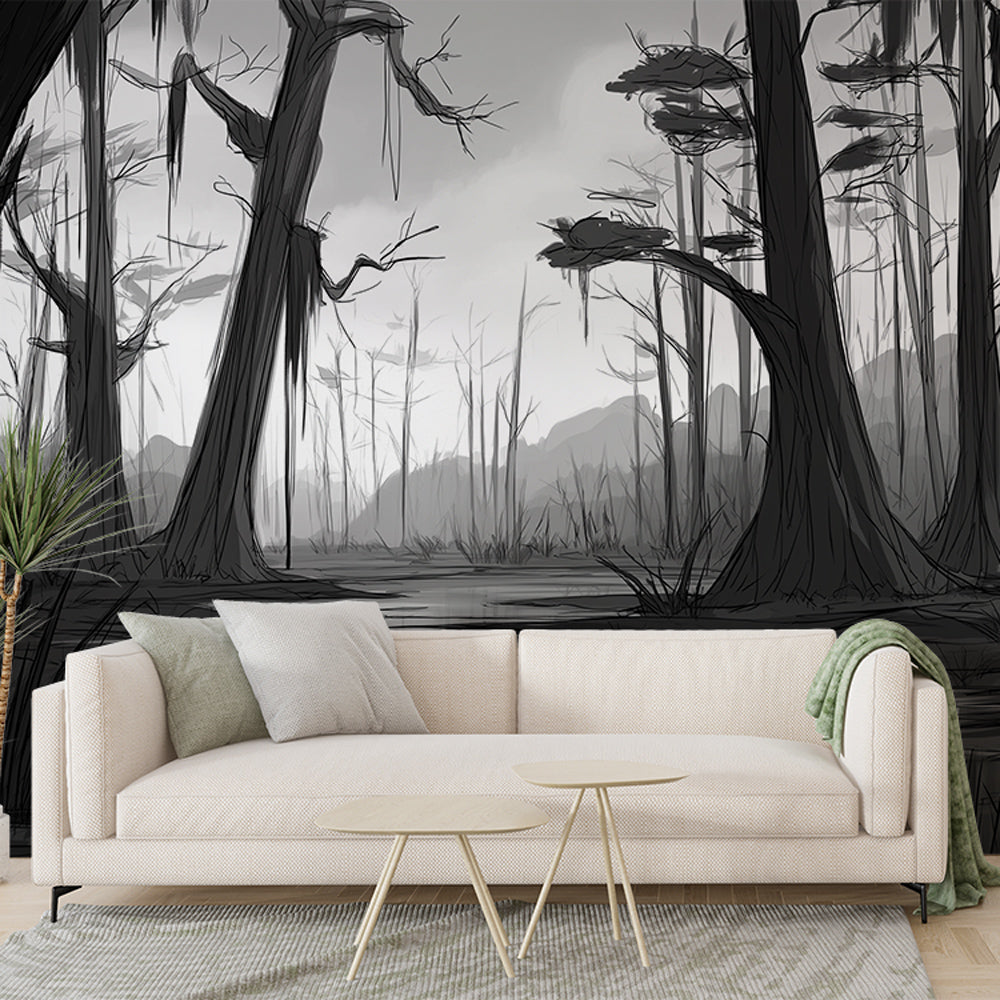 Marshland Wallpaper | Mysterious Black and White Wetland Scene