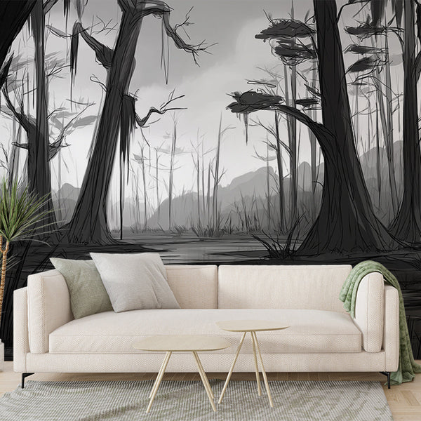 Marshland Wallpaper | Mysterious Black and White Wetland Scene