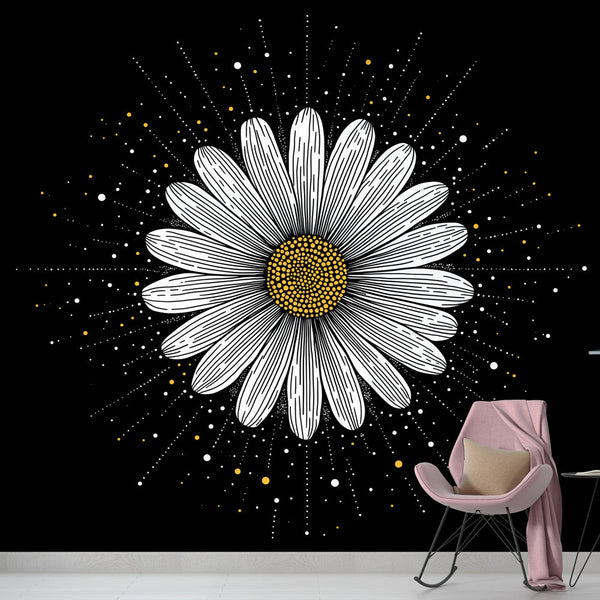 Daisy Wallpaper | Golden Flower Motif on Deep Black Ground