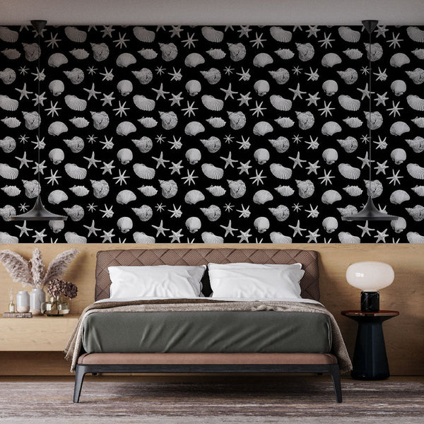 Coastal Wallpaper | Shells and Starfish on a Black Ground