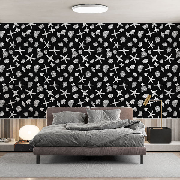 Nautical Wallpaper | Starfish and Shells on a Black Ground
