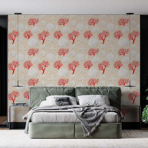 Coastal Wallpaper | Red Coral and Shells on Sand Beige