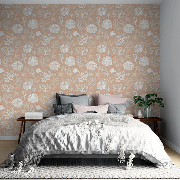 Coastal Wallpaper | Shells and Corals in Soft Peach Tones