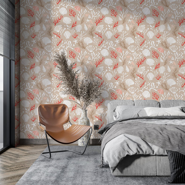 Coastal Wallpaper | Shells, Corals and Starfish in Warm Tones