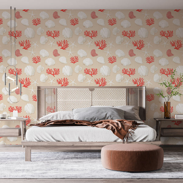 Coastal Wallpaper | Shells and Red Corals on Beige Ground