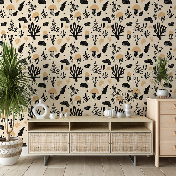 Marine Wallpaper | Coral and Jellyfish on a Beige Ground