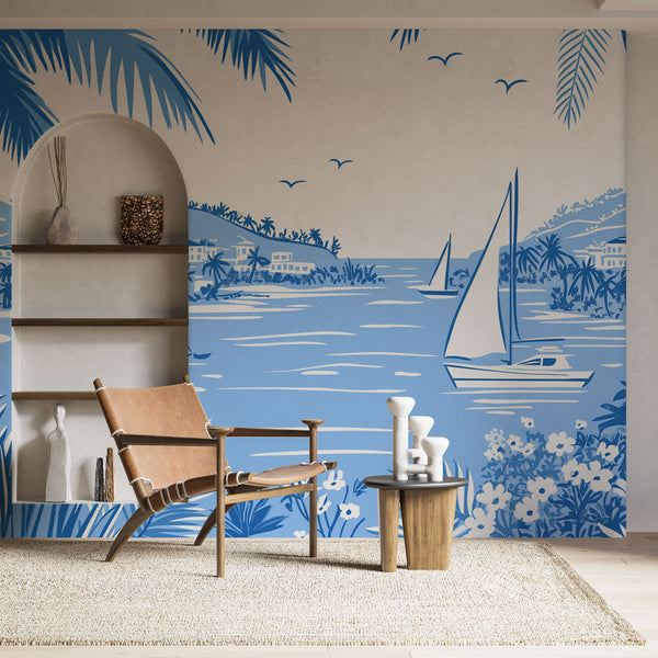 Tropical Sailboat Wallpaper | Blue Wall Mural