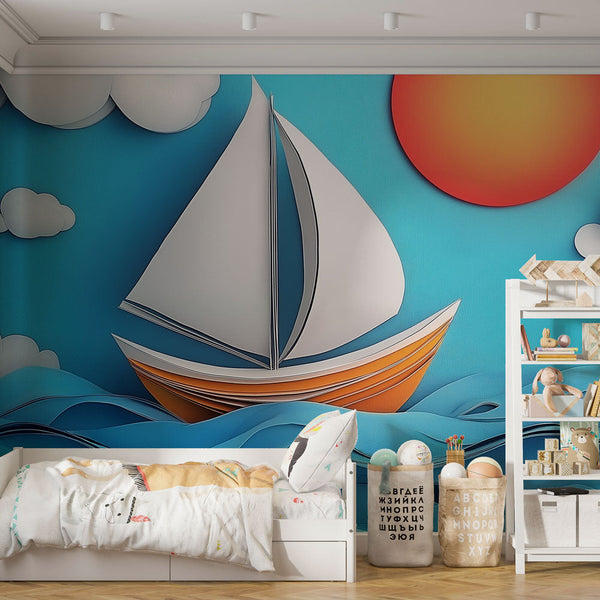 Stylized Maritime Wallpaper | Sailboat with Sun and Clouds