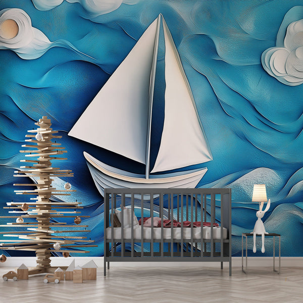 Maritime Wallpaper | Sailboat on Ocean Blue Waves