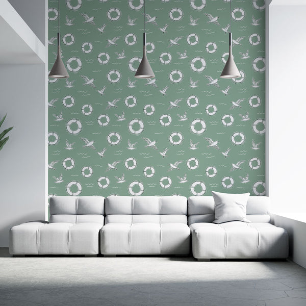 Nautical Wallpaper | Life Buoys and Seabirds on Green
