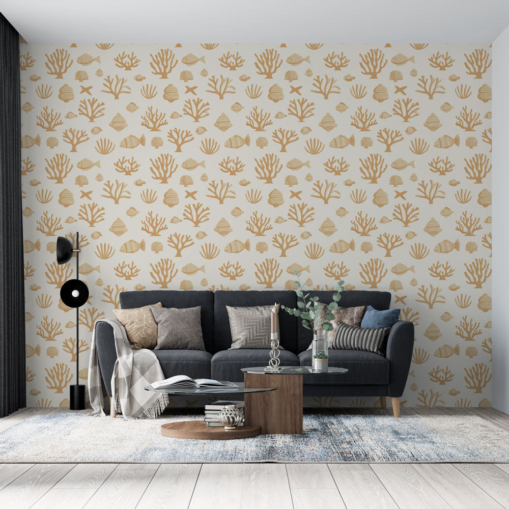 Marine Wallpaper | Coral and Fish Motifs in Beige Tones