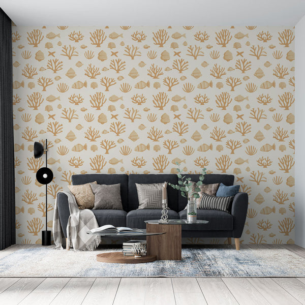 Marine Wallpaper | Coral and Fish Motifs in Beige Tones
