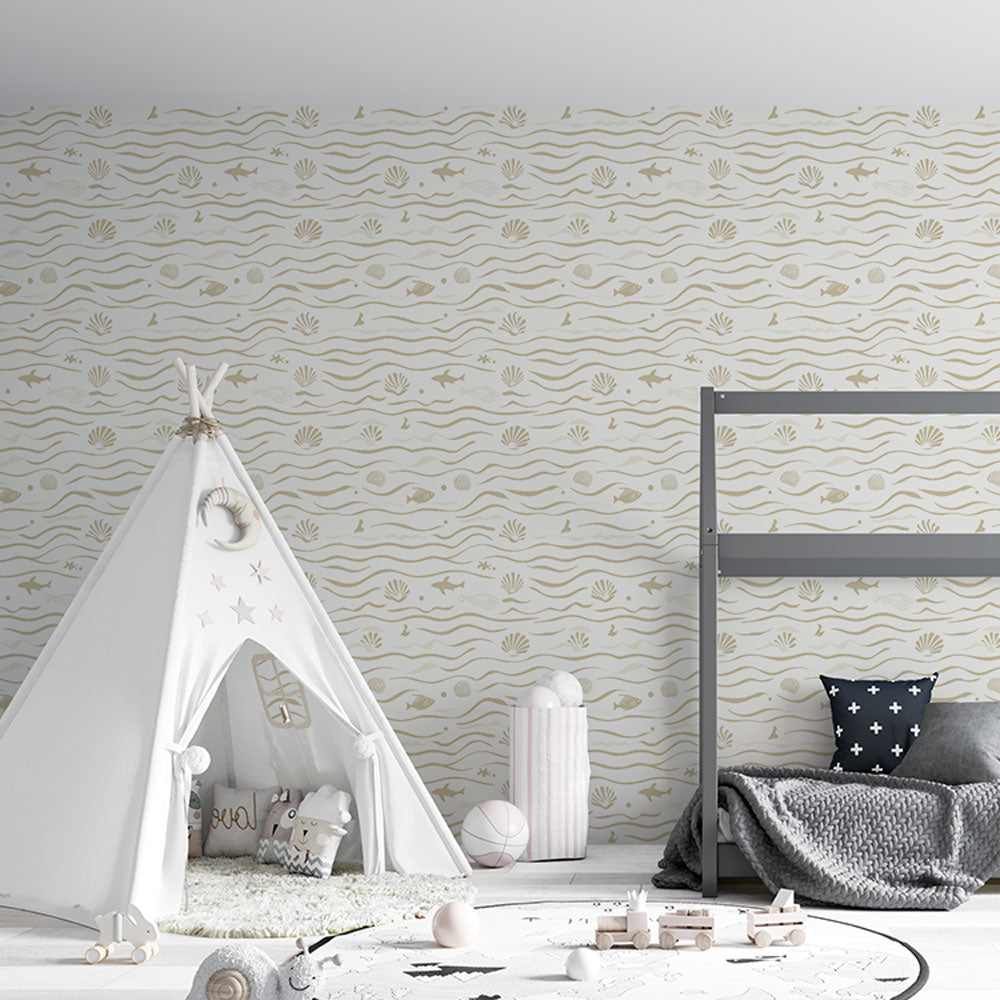 Marine Wallpaper | Waves, Fish and Shells in Beige Tones