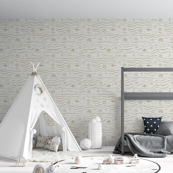 Marine Wallpaper | Waves, Fish and Shells in Beige Tones