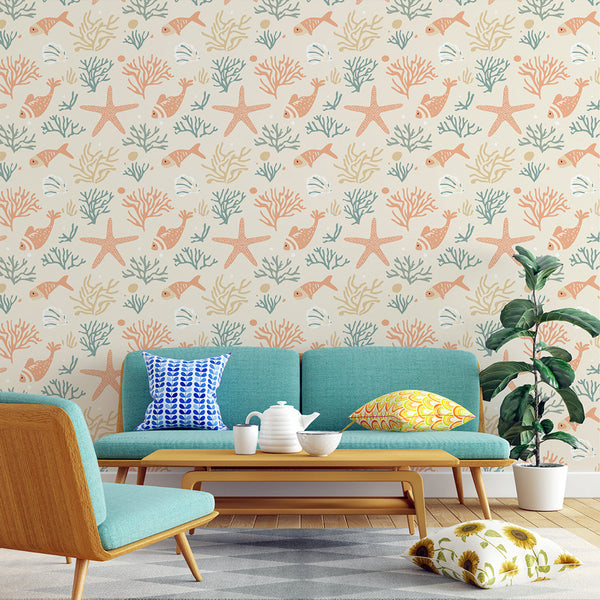 Maritime Wallpaper | Coral and Fish in Soft Peach Tones