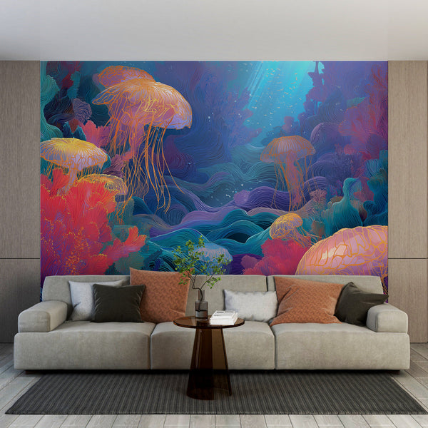 Jellyfish Wallpaper | Translucent Jellyfish and Coral Mural