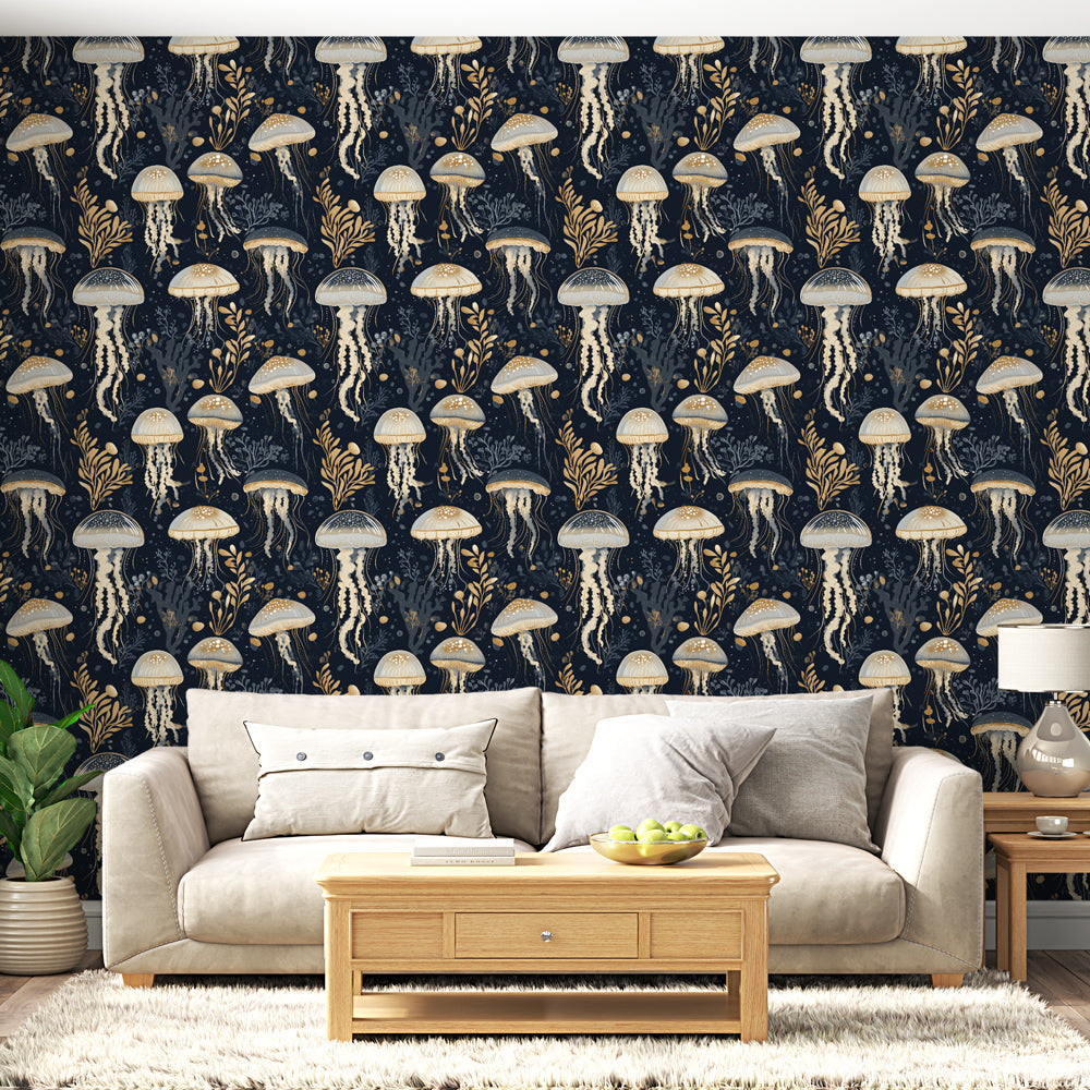 Jellyfish Wallpaper | Maritime Pattern with Golden Seaweed