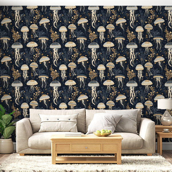 Jellyfish Wallpaper | Maritime Pattern with Golden Seaweed