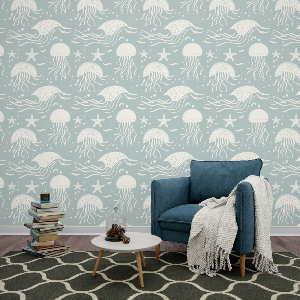 Jellyfish Wallpaper | Sea Creatures on a Soft Blue Ground