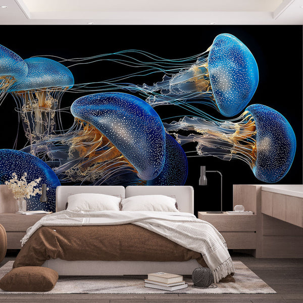 Jellyfish Wallpaper | Luminous Blue Forms on Black Ground