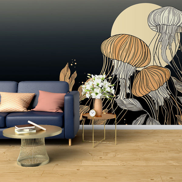 Jellyfish Wallpaper | Golden Jellyfish and Leaves on Black