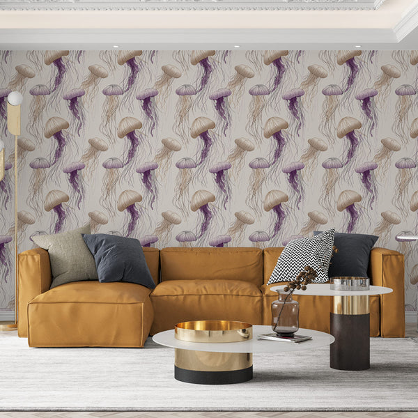 Jellyfish Wallpaper | Beige and Purple Marine Wall Mural