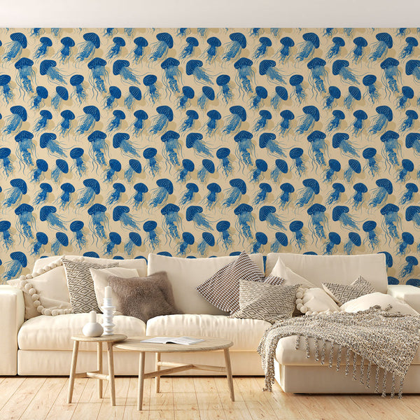 Jellyfish Wallpaper | Elegant Blue Jellyfish Pattern on Beige