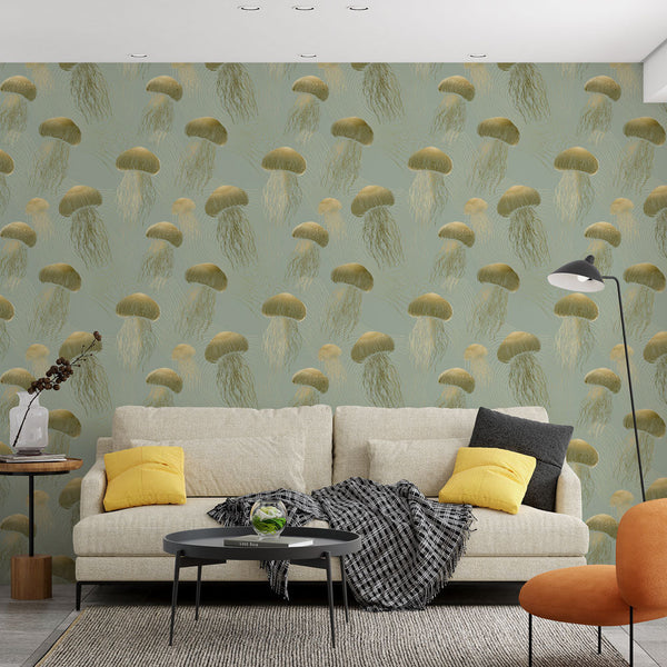 Jellyfish Wallpaper | Golden Ocean Pastel Wall Mural