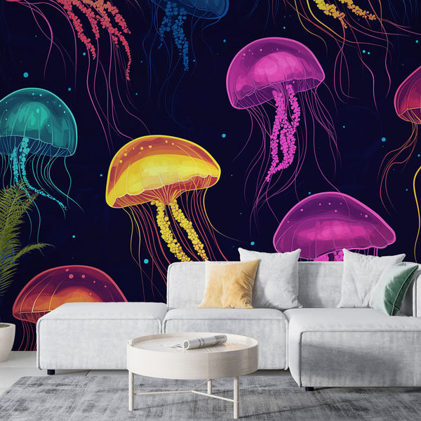 Jellyfish Wallpaper | Glowing Coloured Medusas on Dark Tones