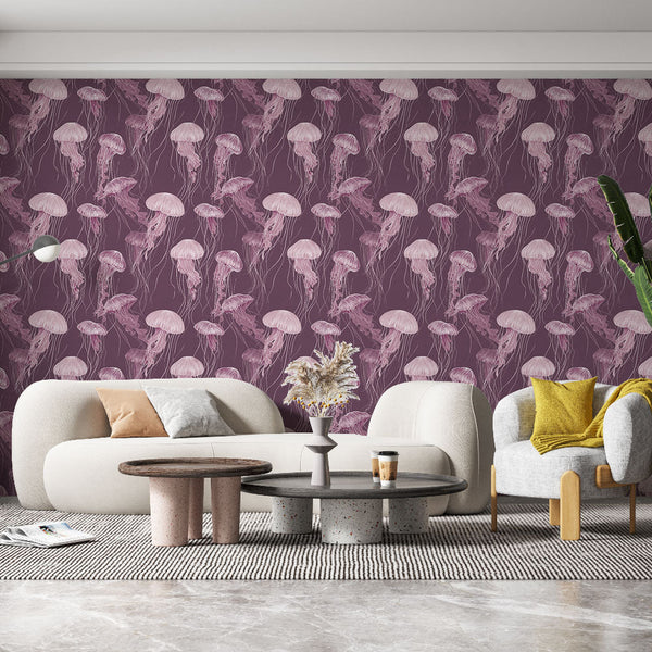 Jellyfish Wallpaper | Pink Medusa Wall Mural on Mauve